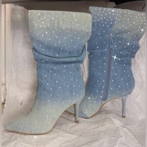 Thalia Sodi Raquell Rhinestone Denim Stiletto Boots • Size 5M • NEW